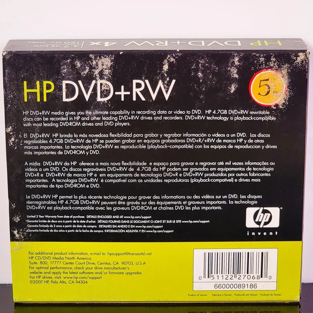 HP DVD+RW ReWritable Blank Disc Media 4.7GB Slim Jewel Case‎ 5 Pack NEW